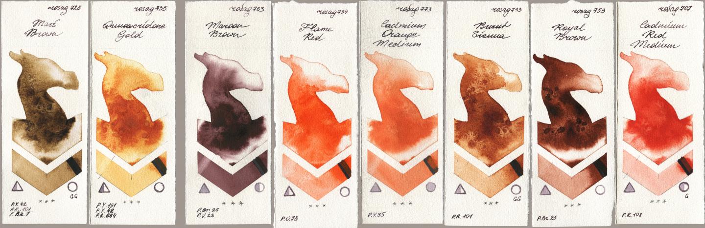 Rosa Gallery 723 Mars Brown, 735 Quinacridone Gold, 763 Maroon Brown, 734 Flame Red, 773 Cadmium Orange Medium, 733 Burnt Sienna, 753 Royal Brown, 707 Cadmium Red Medi watercolor swatch