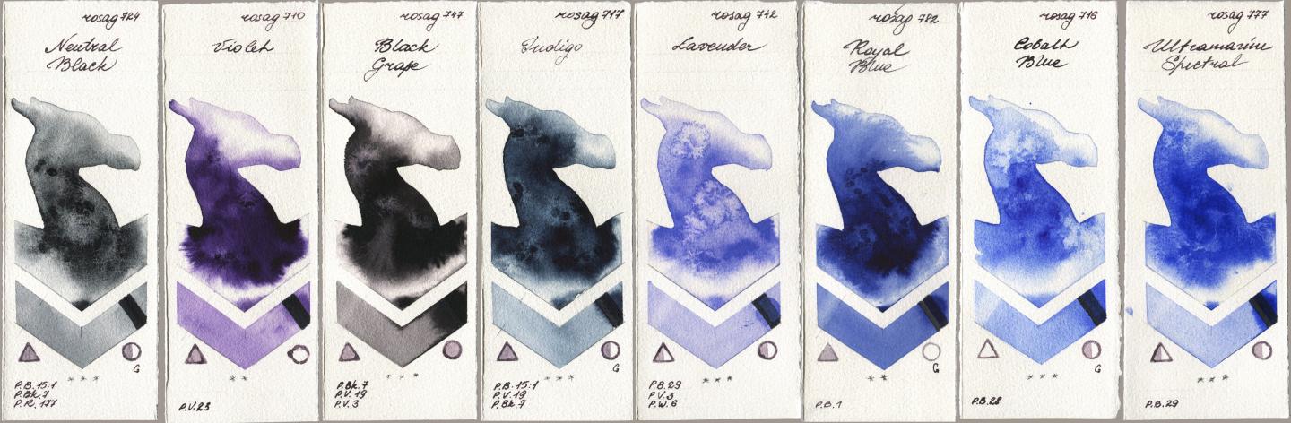 Rosa Gallery 724 Neutral Black, 710 Violet, 747 Black Grape, 717 Indigo, 742 Lavender, 782 Royal Blue, 716 Cobalt Blue, 777 Ultramarine Spectr watercolor swatch