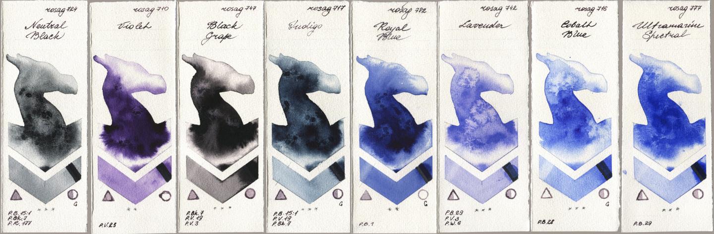 Rosa Gallery 724 Neutral Black, 710 Violet, 747 Black Grape, 717 Indigo, 782 Royal Blue, 742 Lavender, 716 Cobalt Blue, 777 Ultramarine Spectr watercolor swatch