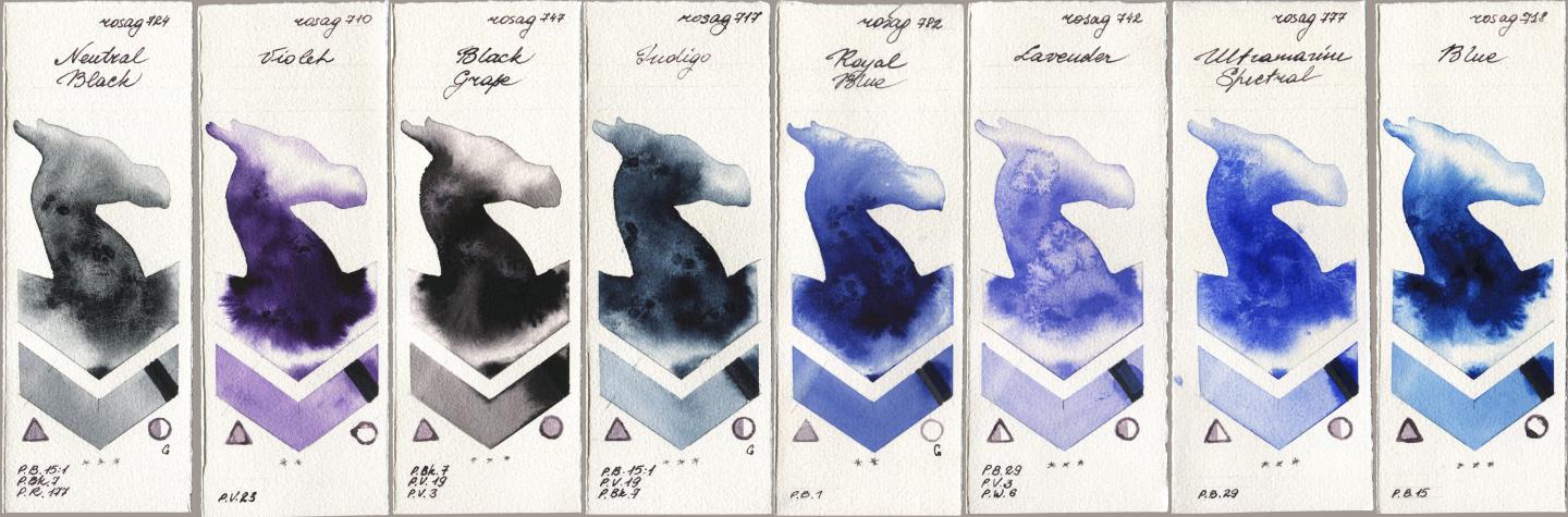 Rosa Gallery 724 Neutral Black, 710 Violet, 747 Black Grape, 717 Indigo, 782 Royal Blue, 742 Lavender, 777 Ultramarine Spectral, 718 Bl watercolor swatch