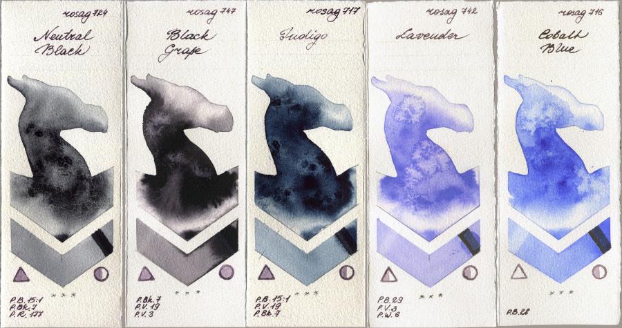 Rosa Gallery 724 Neutral Black vs 747 Black Grape vs 717 Indigo vs 742 Lavender vs 716 Cobalt Blue watercolor swatch