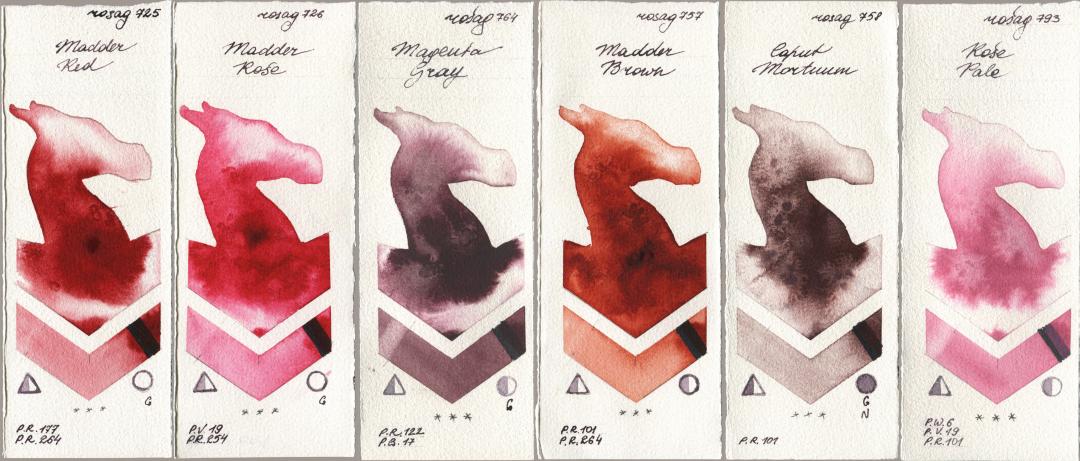 Rosa Gallery 725 Madder Red, 726 Madder Rose, 764 Magenta Gray, 757 Madder Brown, 758 Caput Mortuum, 793 Rose Pa watercolor swatch