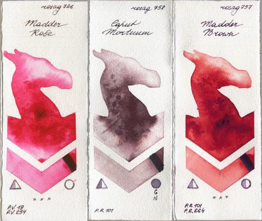 Rosa Gallery 726 Madder Rose vs 758 Caput Mortuum vs 757 Madder Brown watercolor swatch