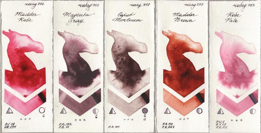 Rosa Gallery 726 Madder Rose, 764 Magenta Gray, 758 Caput Mortuum, 757 Madder Brown, 793 Rose Pa watercolor swatch