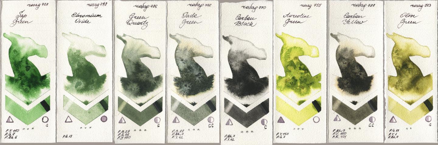 Rosa Gallery 728 Sap Green, 743 Chromium Oxide, 786 Green Quartz, 766 Jade Green, 770 Carbon Black, 755 Aureoline Green, 788 Carbon Yellow, 713 Olive Gre watercolor swatch