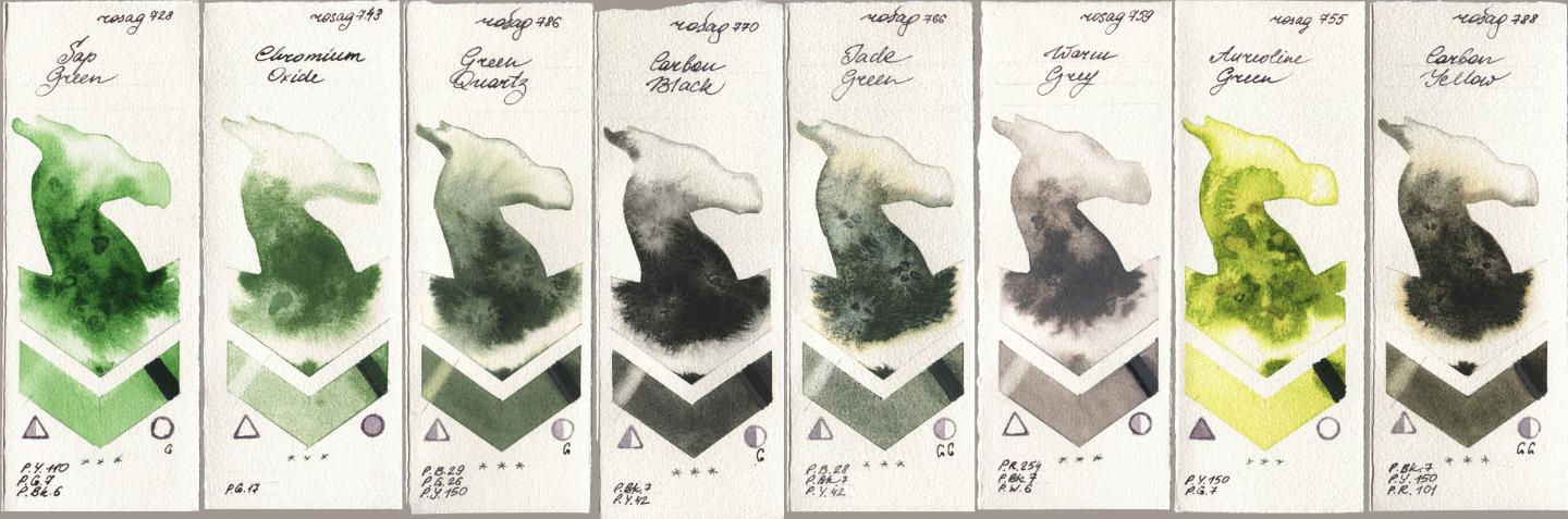 Rosa Gallery 728 Sap Green, 743 Chromium Oxide, 786 Green Quartz, 770 Carbon Black, 766 Jade Green, 759 Warm Grey, 755 Aureoline Green, 788 Carbon Yell watercolor swatch