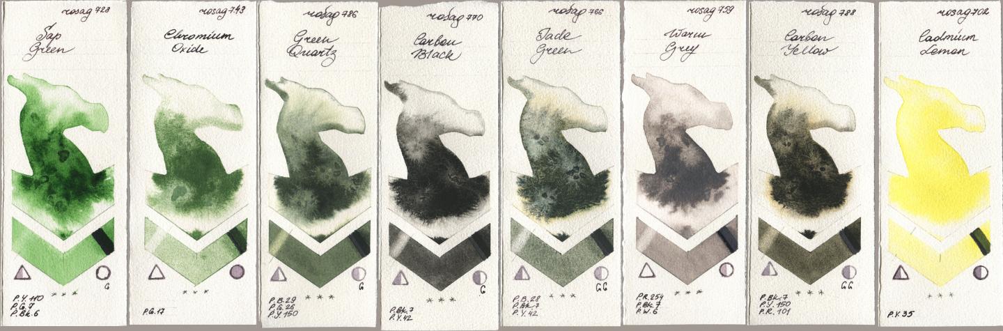 Rosa Gallery 728 Sap Green, 743 Chromium Oxide, 786 Green Quartz, 770 Carbon Black, 766 Jade Green, 759 Warm Grey, 788 Carbon Yellow, 702 Cadmium Lem watercolor swatch
