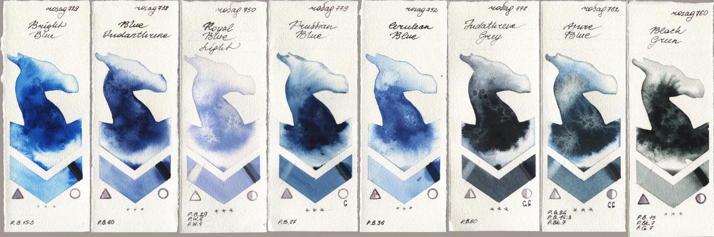 Rosa Gallery 729 Bright Blue, 738 Blue Indanthrene, 750 Royal Blue Light, 779 Prussian Blue, 752 Cerulean Blue, 778 Indanthrene Grey, 762 Azure Blue, 760 Black Gre watercolor swatch