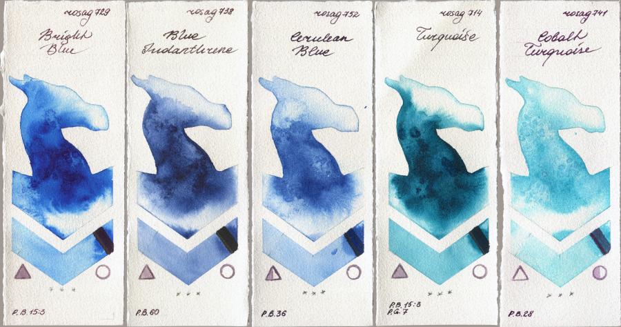 Rosa Gallery 729 Bright Blue vs 738 Blue Indanthrone vs 752 Cerulean Blue vs 714 Turquiose vs 741 Cobalt Turquoise watercolor swatch
