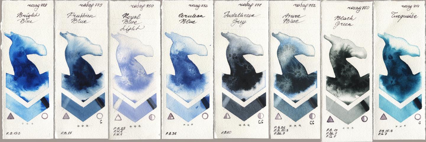 Rosa Gallery 729 Bright Blue, 779 Prussian Blue, 750 Royal Blue Light, 752 Cerulean Blue, 778 Indanthrene Grey, 762 Azure Blue, 760 Black Green, 714 Turquoi watercolor swatch