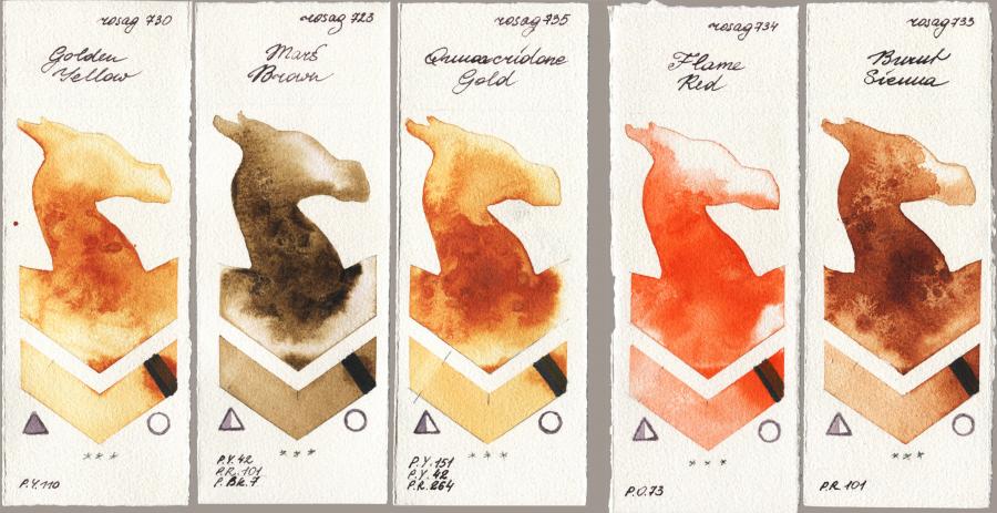 Rosa Gallery 730 Golden Yellow vs 723 Mars Brown vs 735 Quinacridone Gold vs 734 Flame Red vs 733 Burnt Sienna watercolor swatch