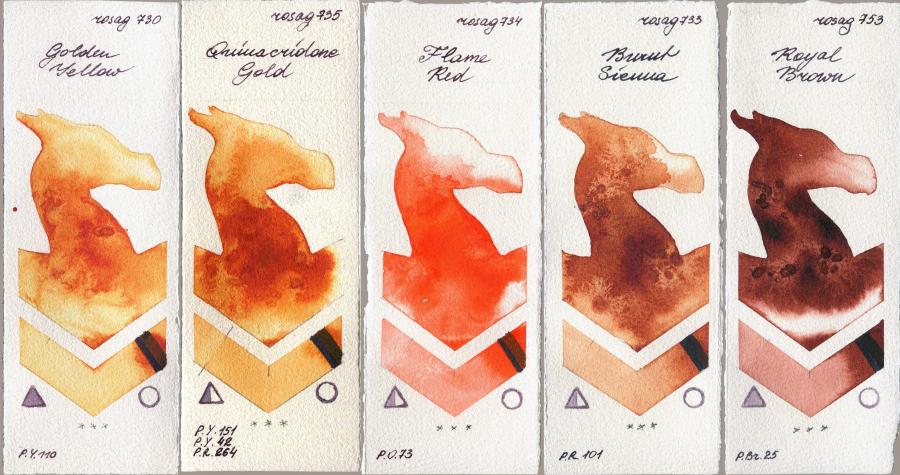 Rosa Gallery 730 Golden Yellow vs 735 Quinacridone Gold vs 734 Flame Red vs 733 Burnt Sienna vs 753 Royal Brown watercolor swatch
