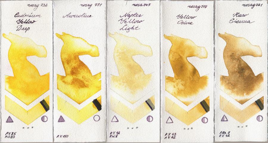 Rosa Gallery 732 Cadmium Yellow Deep vs 751 Aureoline vs 745 Naples Yellow Light vs 719 Yellow Ochre vs 721 Raw Sienna watercolor swatch