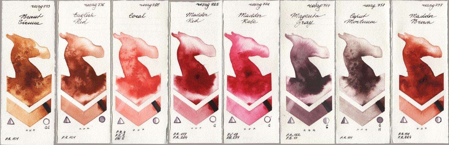 Rosa Gallery 733 Burnt Sienna, 736 English Red, 756 Coral, 725 Madder Red, 726 Madder Rose, 764 Magenta Gray, 758 Caput Mortuum, 757 Madder Bro watercolor swatch