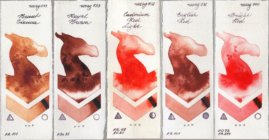 Rosa Gallery 733 Burnt Sienna vs 753 Royal Brown vs 706 Cadmium Red Light vs 736 English Red vs 740 Bright Red watercolor swatch