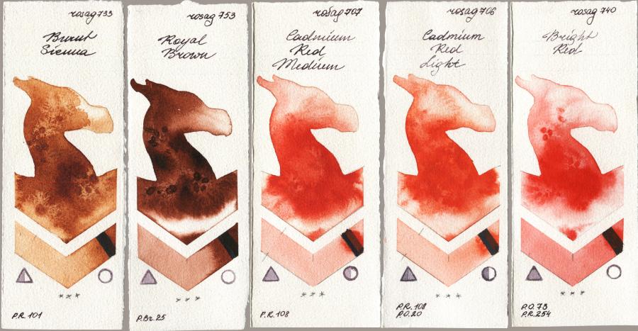 Rosa Gallery 733 Burnt Sienna vs 753 Royal Brown vs 707 Cadmium Red Medium vs 706 Cadmium Red Light vs 740 Bright Red watercolor swatch