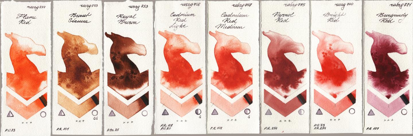 Rosa Gallery 734 Flame Red, 733 Burnt Sienna, 753 Royal Brown, 706 Cadmium Red Light, 707 Cadmium Red Medium, 775 Pyrrole Red, 740 Bright Red, 781 Burgundy R watercolor swatch