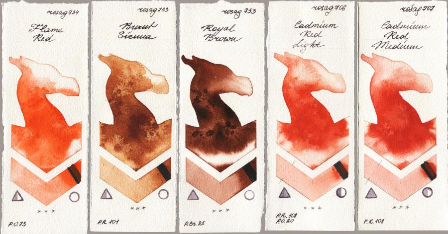 Rosa Gallery 734 Flame Red vs 733 Burnt Sienna vs 753 Royal Brown vs 706 Cadmium Red Light vs 707 Cadmium Red Medium watercolor swatch