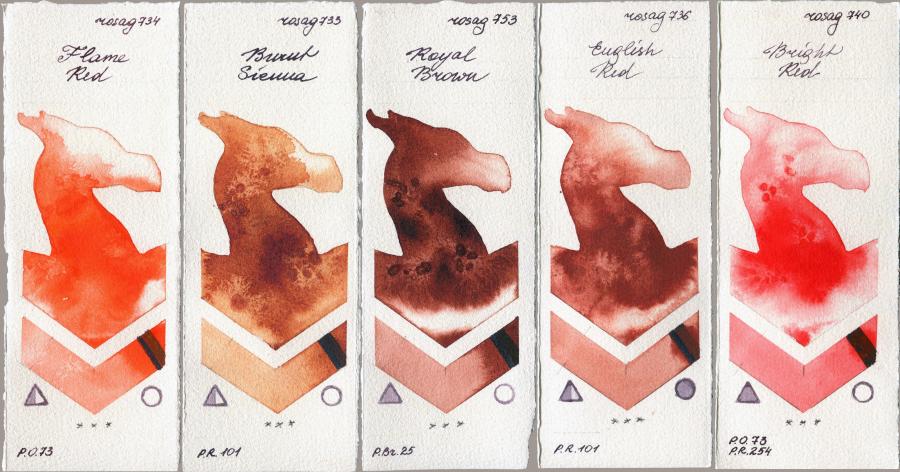 Rosa Gallery 734 Flame Red vs 733 Burnt Sienna vs 753 Royal Brown vs 736 English Red vs 740 Bright Red watercolor swatch