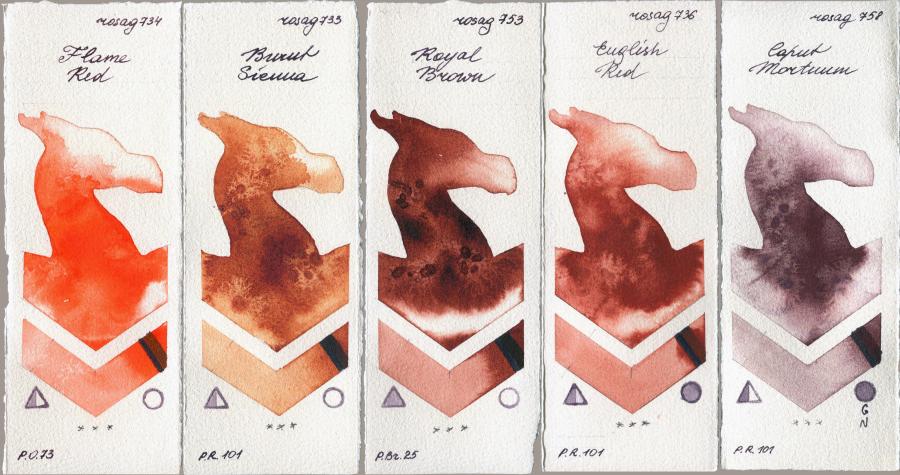 Rosa Gallery 734 Flame Red vs 733 Burnt Sienna vs 753 Royal Brown vs 736 English Red vs 758 Caput Mortuum watercolor swatch