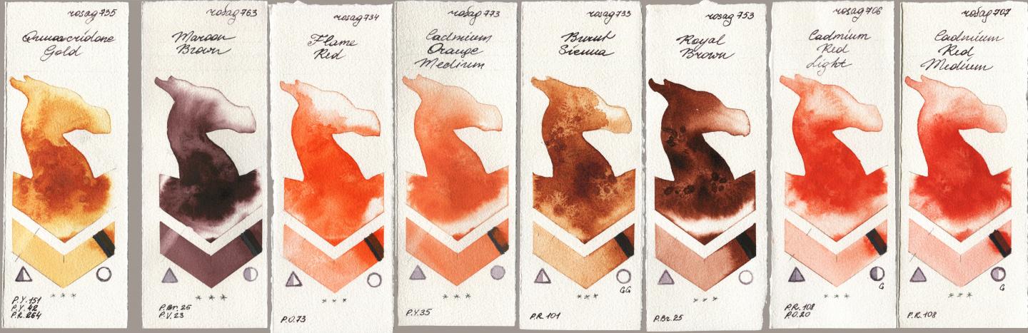 Rosa Gallery 735 Quinacridone Gold, 763 Maroon Brown, 734 Flame Red, 773 Cadmium Orange Medium, 733 Burnt Sienna, 753 Royal Brown, 706 Cadmium Red Light, 707 Cadmium Red Medi watercolor swatch