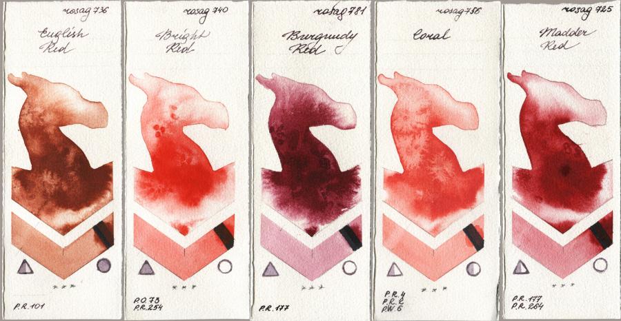 Rosa Gallery 736 English Red vs 740 Bright Red vs 781 Burgundy Red vs 756 Coral vs 725 Madder Red watercolor swatch