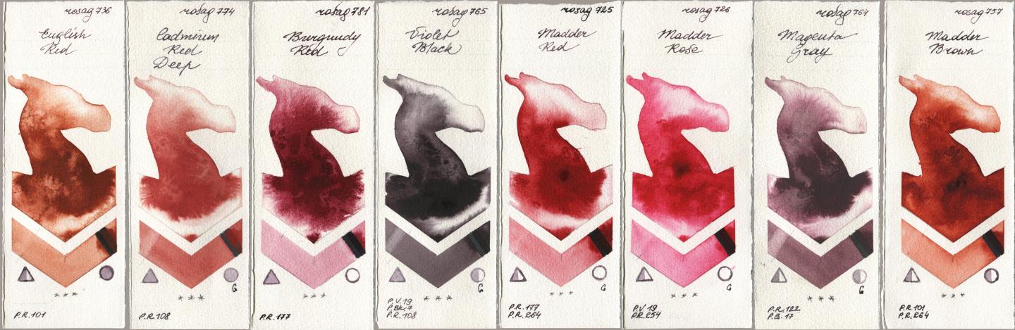 Rosa Gallery 736 English Red, 774 Cadmium Red Deep, 781 Burgundy Red, 765 Violet Black, 725 Madder Red, 726 Madder Rose, 764 Magenta Gray, 757 Madder Bro watercolor swatch