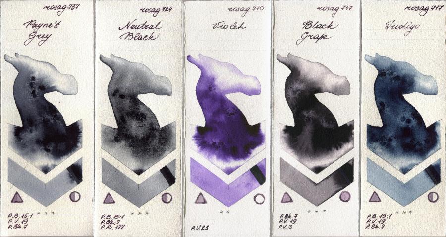 Rosa Gallery 737 Paynes Grey vs 724 Neutral Black vs 710 Violet vs 747 Black Grape vs 717 Indigo watercolor swatch