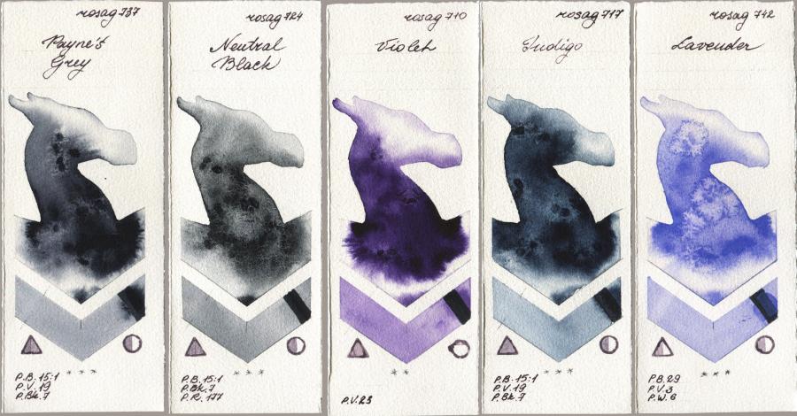 Rosa Gallery 737 Paynes Grey vs 724 Neutral Black vs 710 Violet vs 717 Indigo vs 742 Lavender watercolor swatch