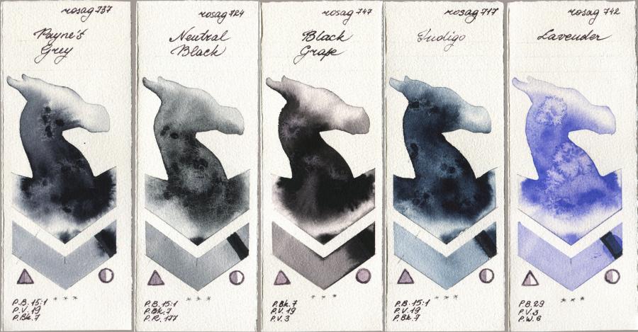 Rosa Gallery 737 Paynes Grey vs 724 Neutral Black vs 747 Black Grape vs 717 Indigo vs 742 Lavender watercolor swatch