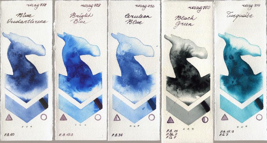 Rosa Gallery 738 Blue Indanthrone vs 729 Bright Blue vs 752 Cerulean Blue vs 760 Black Green vs 714 Turquiose watercolor swatch
