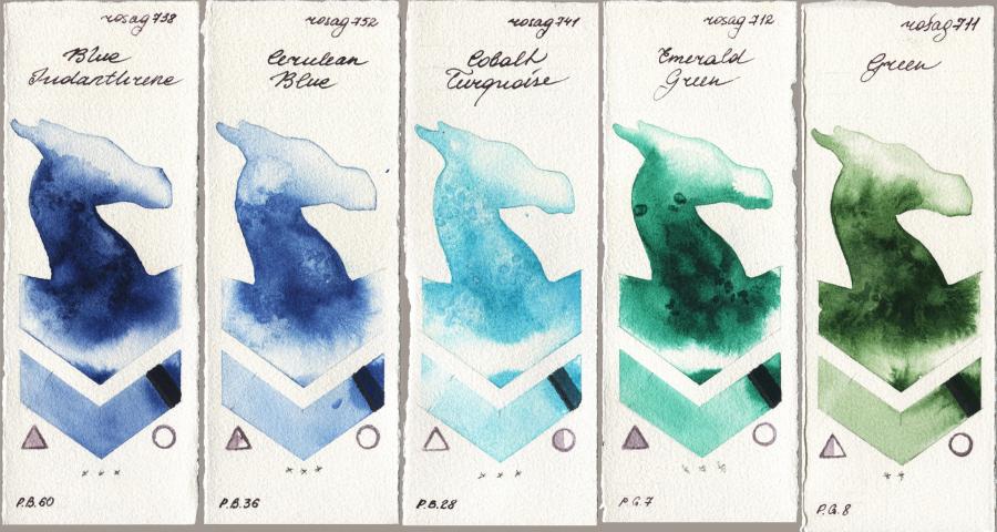 Rosa Gallery 738 Blue Indanthrone vs 752 Cerulean Blue vs 741 Cobalt Turquoise vs 712 Emerald Green vs 711 Green watercolor swatch