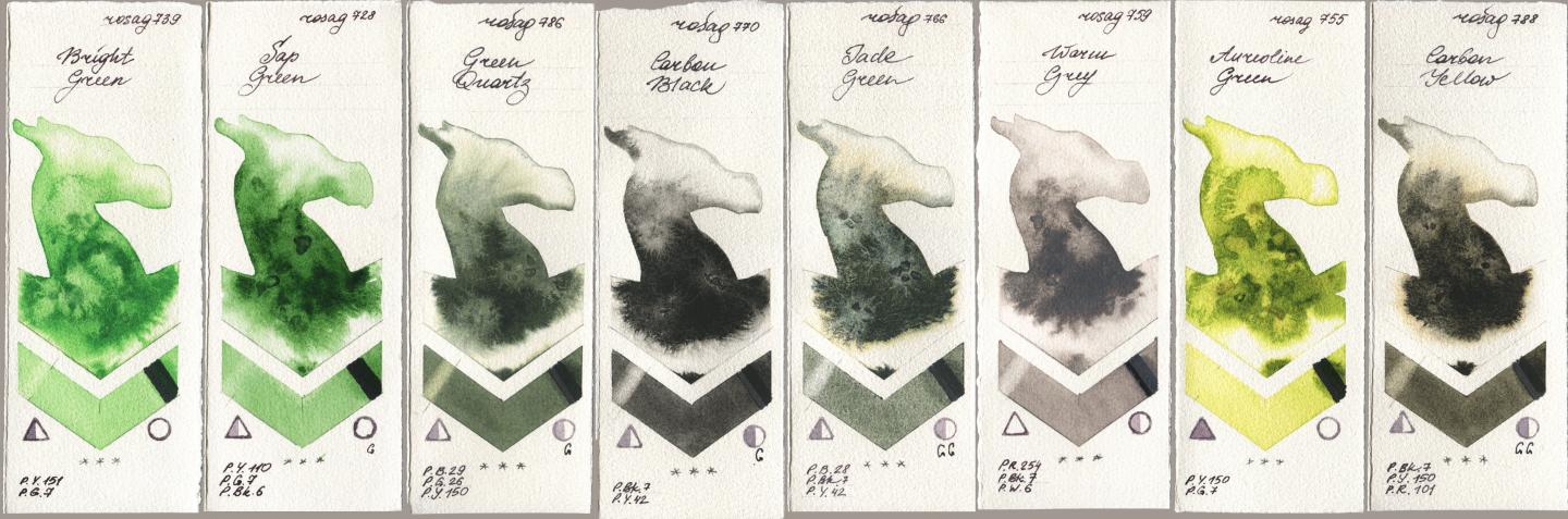 Rosa Gallery 739 Bright Green, 728 Sap Green, 786 Green Quartz, 770 Carbon Black, 766 Jade Green, 759 Warm Grey, 755 Aureoline Green, 788 Carbon Yell watercolor swatch