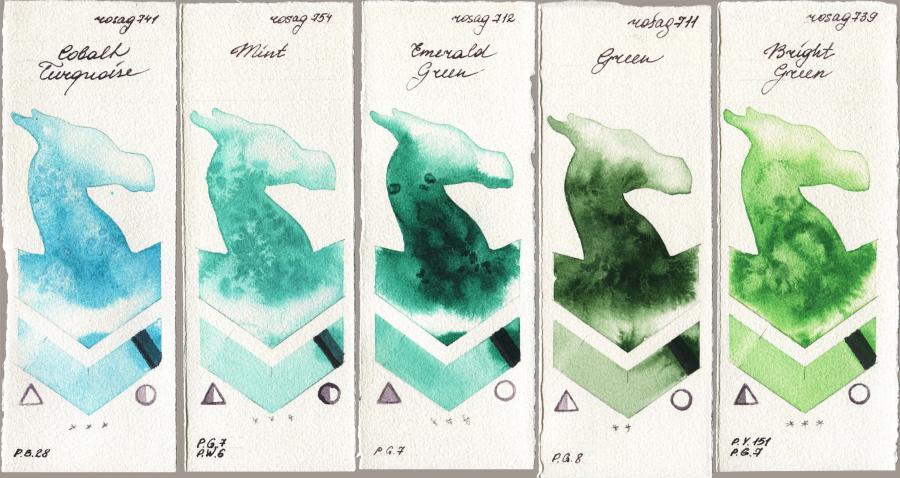 Rosa Gallery 741 Cobalt Turquoise vs 754 Mint vs 712 Emerald Green vs 711 Green vs 739 Bright Green watercolor swatch