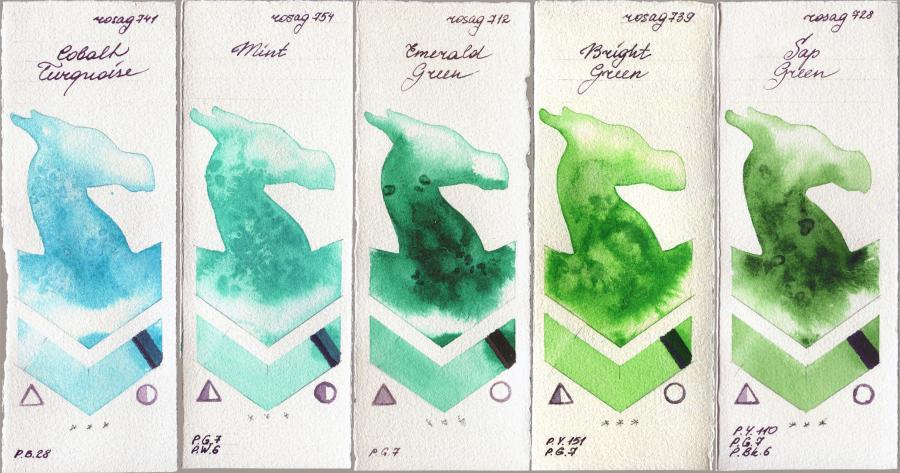 Rosa Gallery 741 Cobalt Turquoise vs 754 Mint vs 712 Emerald Green vs 739 Bright Green vs 728 Sap Green watercolor swatch