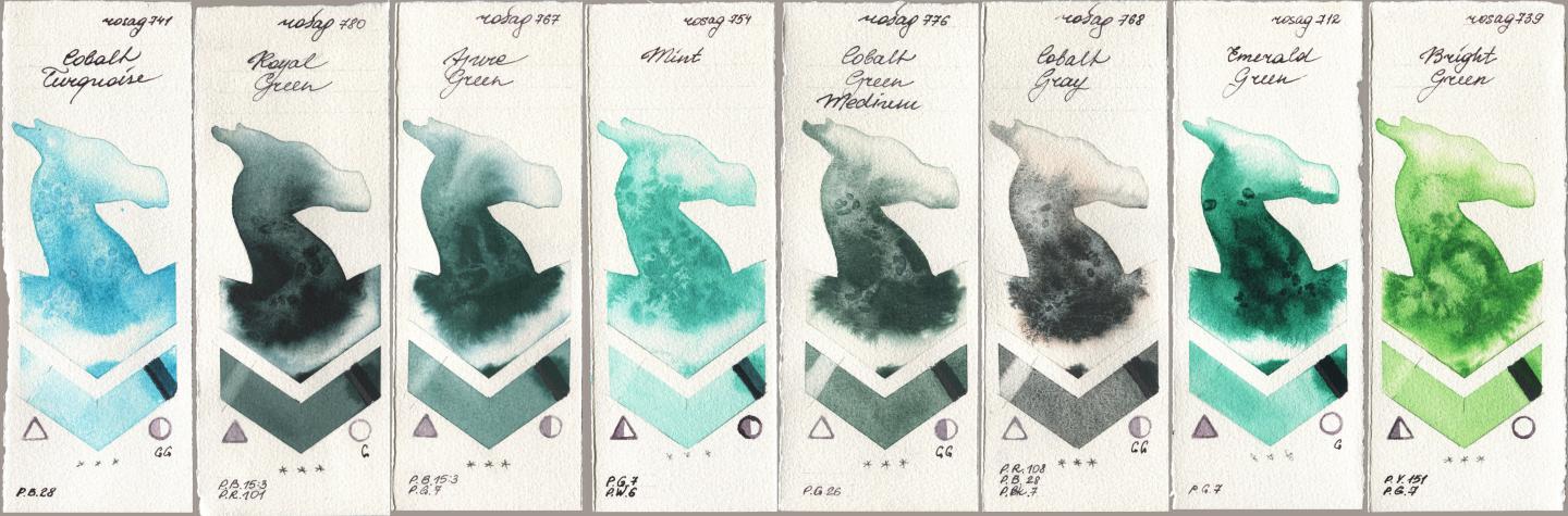 Rosa Gallery 741 Cobalt Turquoise, 780 Royal Green, 767 Azure Green, 754 Mint, 776 Cobalt Green Medium, 768 Cobalt Gray, 712 Emerald Green, 739 Bright Gre watercolor swatch
