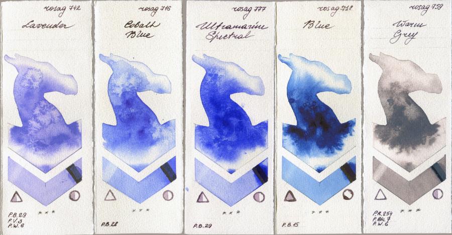 Rosa Gallery 742 Lavender vs 716 Cobalt Blue vs 777 Ultramarine Spectral vs 718 Blue vs 759 Warm Grey watercolor swatch