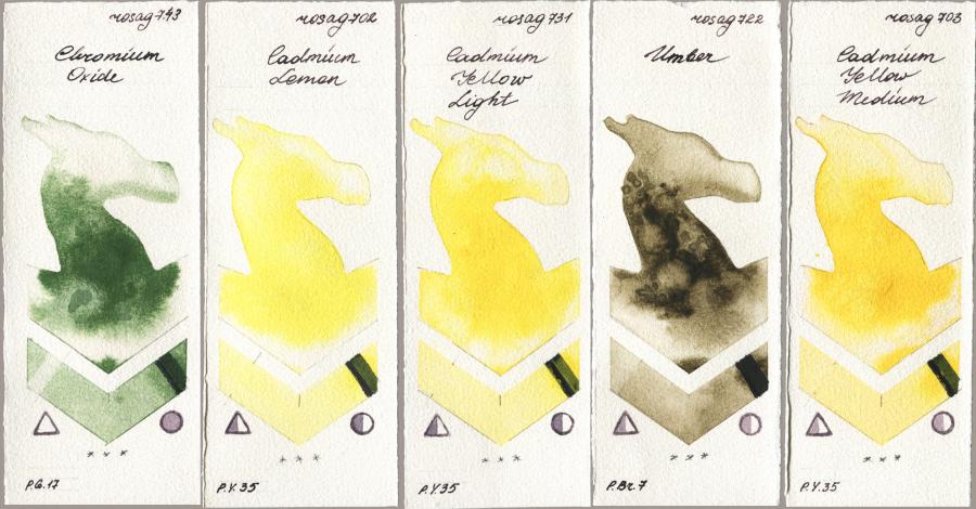 Rosa Gallery 743 Chromium Oxide vs 702 Cadmium Lemon vs 731 Cadmium Yellow Light vs 722 Umber vs 703 Cadmium Yellow Medium watercolor swatch