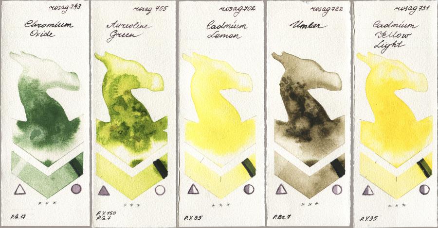 Rosa Gallery 743 Chromium Oxide vs 755 Aureoline Green vs 702 Cadmium Lemon vs 722 Umber vs 731 Cadmium Yellow Light watercolor swatch
