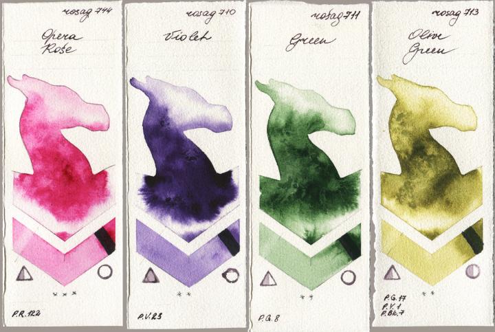 Rosa Gallery 744 Opera Rose vs 710 Violet vs 711 Green vs 713 Olive Green watercolor swatch