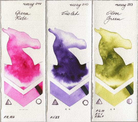 Rosa Gallery 744 Opera Rose vs 710 Violet vs 713 Olive Green watercolor swatch
