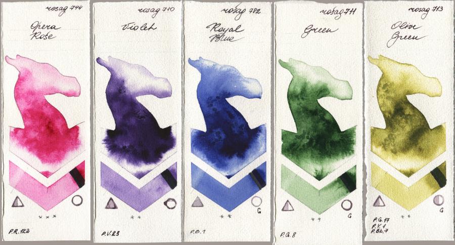 Rosa Gallery 744 Opera Rose, 710 Violet, 782 Royal Blue, 711 Green, 713 Olive Gre watercolor swatch