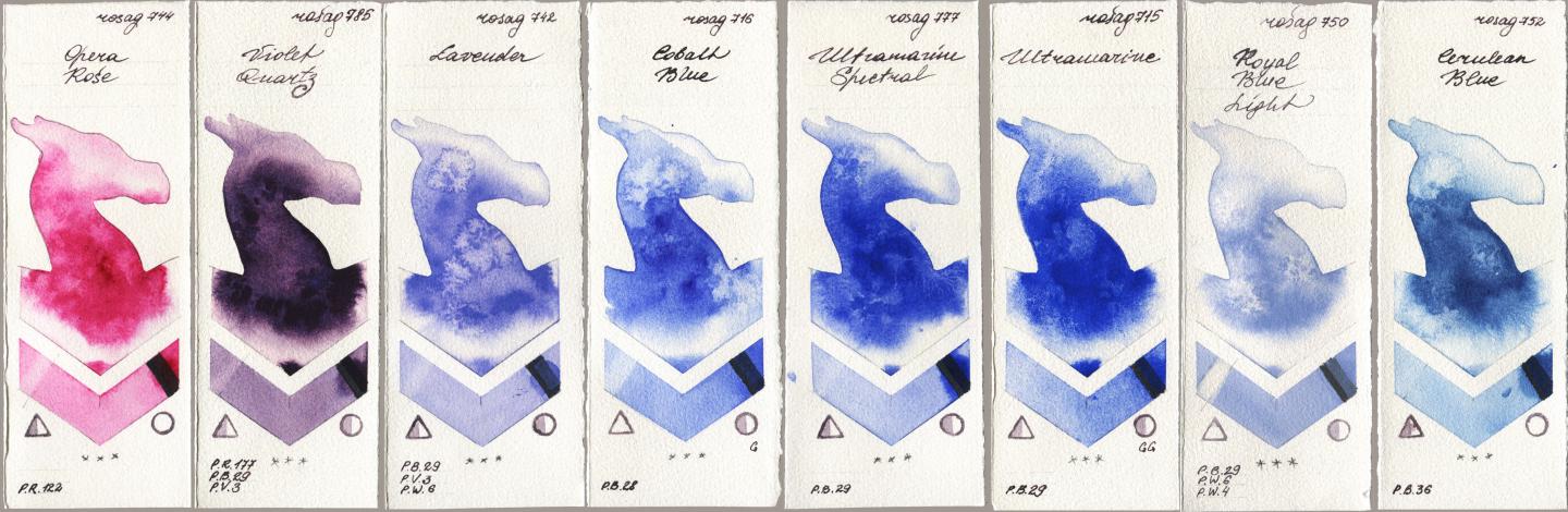 Rosa Gallery 744 Opera Rose, 785 Violet Quartz, 742 Lavender, 716 Cobalt Blue, 777 Ultramarine Spectral, 715 Ultramarine, 750 Royal Blue Light, 752 Cerulean Bl watercolor swatch