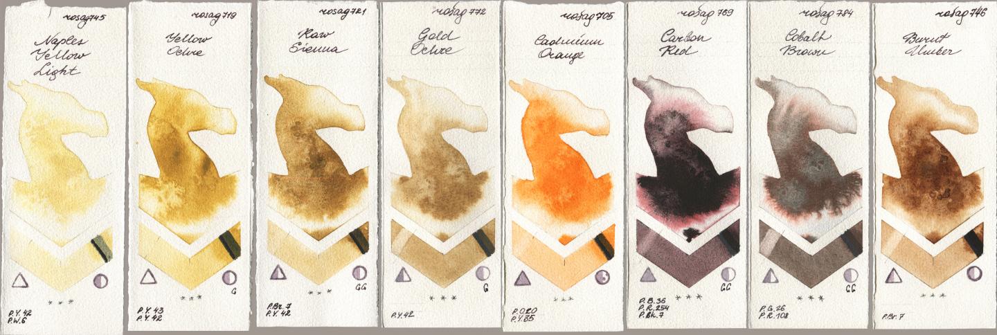 Rosa Gallery 745 Naples Yellow Light, 719 Yellow Ochre, 721 Raw Sienna, 772 Gold Ochre, 705 Cadmium Orange, 769 Carbon Red, 784 Cobalt Brown, 746 Burnt Umb watercolor swatch