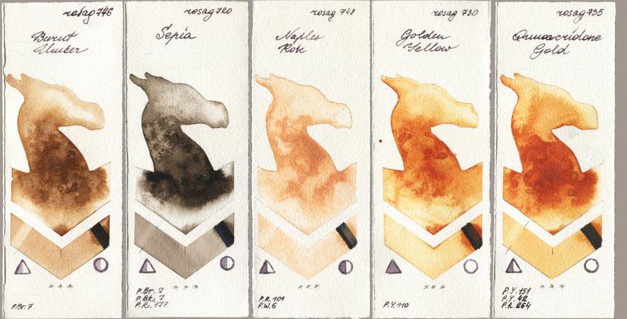 Rosa Gallery 746 Burnt Umber vs 720 Sepia vs 748 Naples Rose vs 730 Golden Yellow vs 735 Quinacridone Gold watercolor swatch