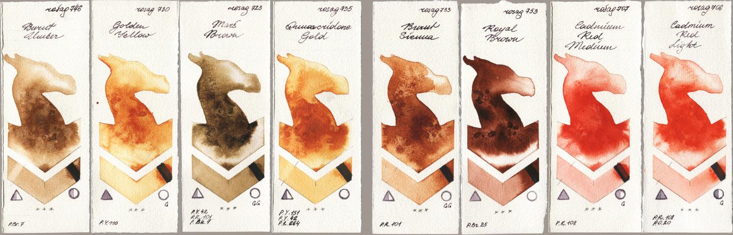 Rosa Gallery 746 Burnt Umber, 730 Golden Yellow, 723 Mars Brown, 735 Quinacridone Gold, 733 Burnt Sienna, 753 Royal Brown, 707 Cadmium Red Medium, 706 Cadmium Red Lig watercolor swatch