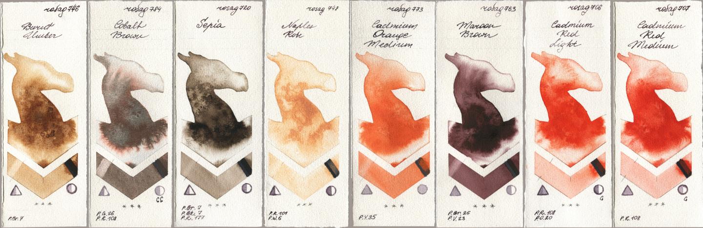 Rosa Gallery 746 Burnt Umber, 784 Cobalt Brown, 720 Sepia, 748 Naples Rose, 773 Cadmium Orange Medium, 763 Maroon Brown, 706 Cadmium Red Light, 707 Cadmium Red Medi watercolor swatch