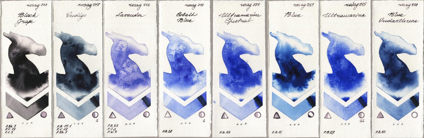 Rosa Gallery 747 Black Grape, 717 Indigo, 742 Lavender, 716 Cobalt Blue, 777 Ultramarine Spectral, 718 Blue, 715 Ultramarine, 738 Blue Indanthre watercolor swatch