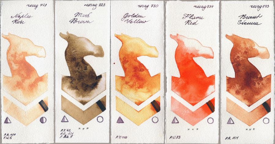 Rosa Gallery 748 Naples Rose vs 723 Mars Brown vs 730 Golden Yellow vs 734 Flame Red vs 733 Burnt Sienna watercolor swatch