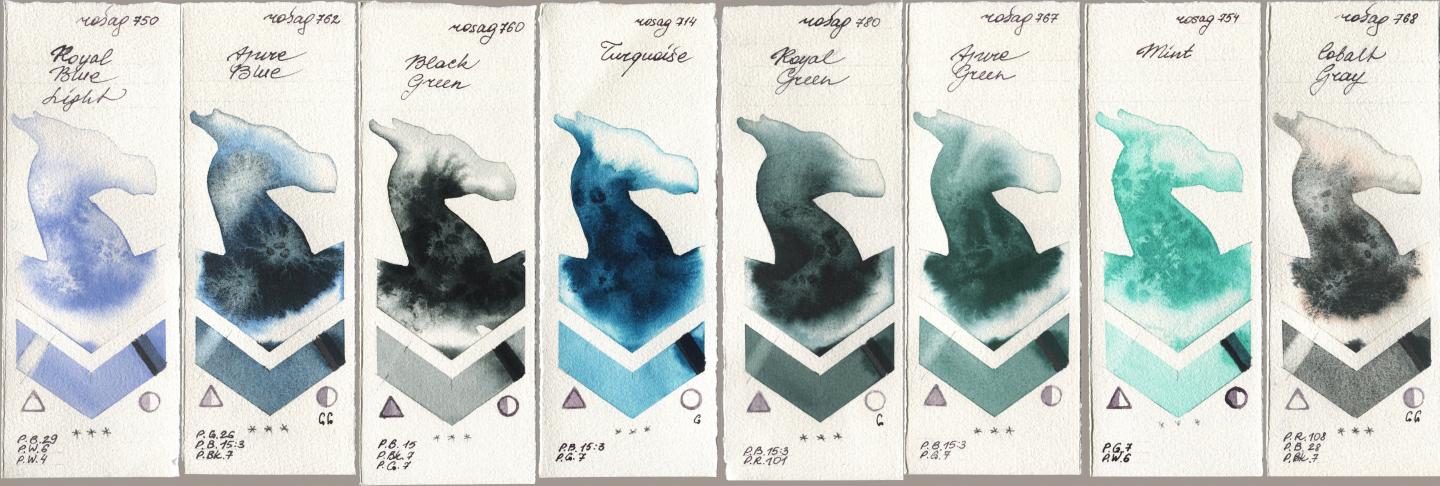 Rosa Gallery 750 Royal Blue Light, 762 Azure Blue, 760 Black Green, 714 Turquoise, 780 Royal Green, 767 Azure Green, 754 Mint, 768 Cobalt Gr watercolor swatch